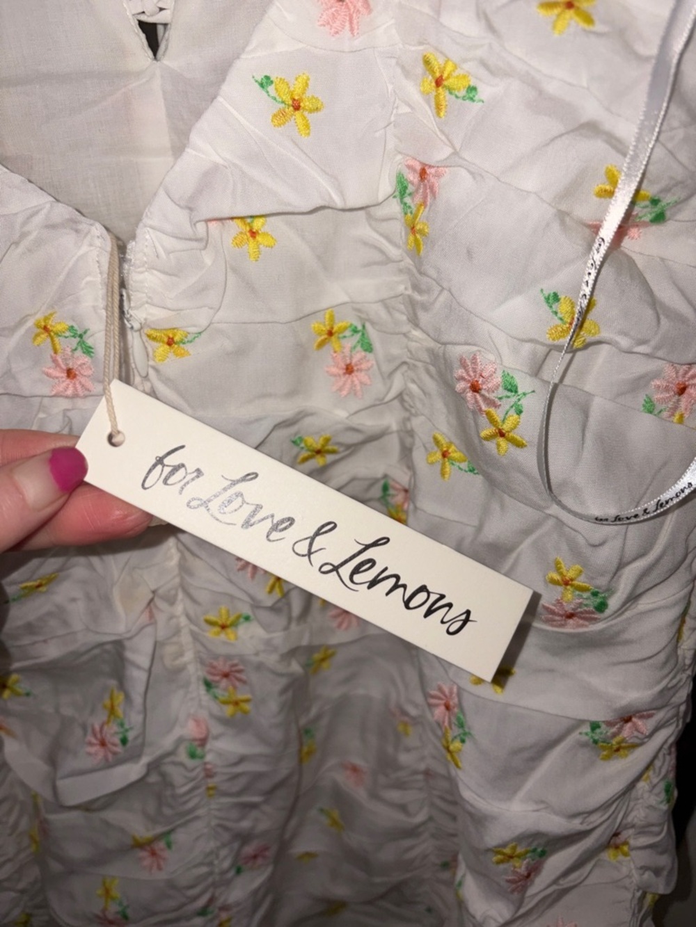NWT For Love And Lemons White Floral Lace-Up Ruched Mini Dress - Picture 6 of 7
